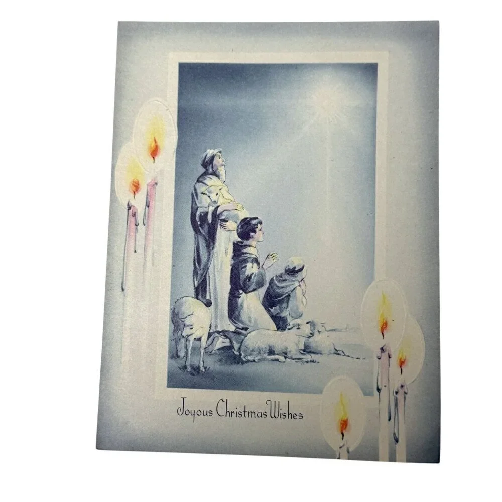 Vintage Christmas Card Joyous Christmas Wishes Original Mid Century Shepherds